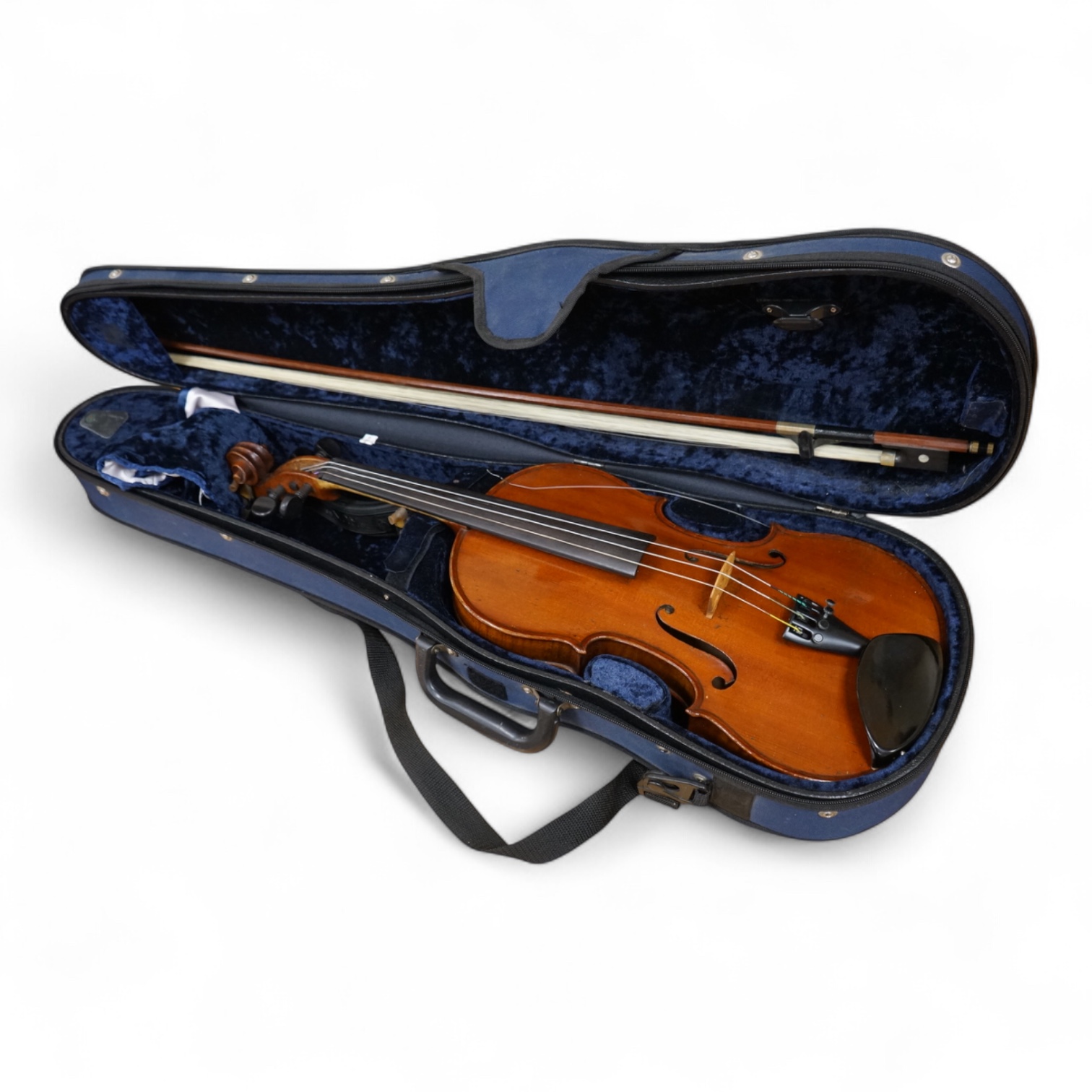 A cased late 19th century violin, signed ‘Nicolas Bertolini’, back 36.3cm, with bow stamped Paesold, CITES Submission reference, D9GSYMLJ